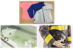 岩尾取扱製品［上：繊維（スポーツ衣料）、下：(左)産業資材（硬化性樹脂）、産業資材（アラミド繊維熱）］
