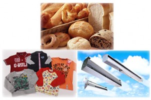 ニッシン・トーア取扱製品［上：食品（小麦粉）、下：(左)繊維、産業資材（ロングファン）］