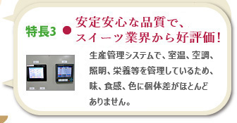 特長3 天候に左右されず、安定供給！　屋内で栽培しているため、気温や天候の影響を受けることがありません。そのため、安定した供給が可能です。